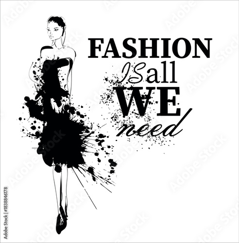 Beautiful young girl in stylish clothes. Fashion woman look. Sale concept. Hand-drawn fashion illustration.