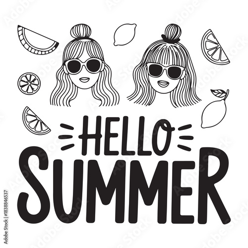 Hello Summer Hand Drawn Lettering and Doodle Illustration with Girls and Fruit