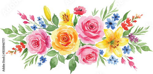 Vibrant watercolor floral arrangement featuring an elegant mix of pink roses, yellow lilies, and various colorful accent flowers nestled among lush green leaves, perfect for spring and summer designs.