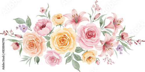 Delicate Watercolor Floral Arrangement Roses, Lilies, and Peonies in Soft Pastel Hues – Perfect for Spring Designs