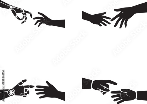 Human and Robotic Hand Icons Set – Black Silhouette Vector of Technology, Connection, and Artificial Intelligence Design 
