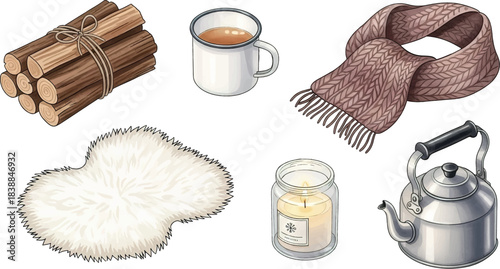 Cozy Winter Hygge Elements Illustration Set – Firewood, Hot Drink, Scarf, Fur Rug, Candle Jar, Kettle Clipart for Seasonal Home Comfort and Warm Aesthetic Designs