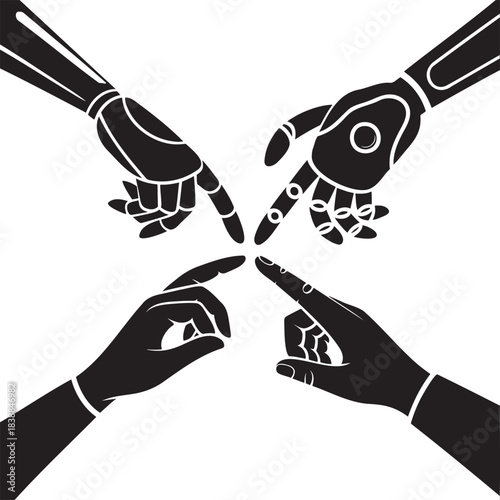 Human and Robotic Hand Icons Set – Black Silhouette Vector of Technology, Connection, and Artificial Intelligence Design 