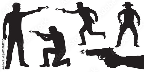 Silhouettes of people aiming and firing handguns, including a cowboy and a shooting gun.