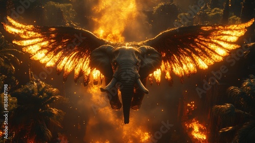 A powerful elephant with magnificent fiery wings takes flight amidst a lush tropical forest, symbolizing nature's strength and vibrant beauty.
