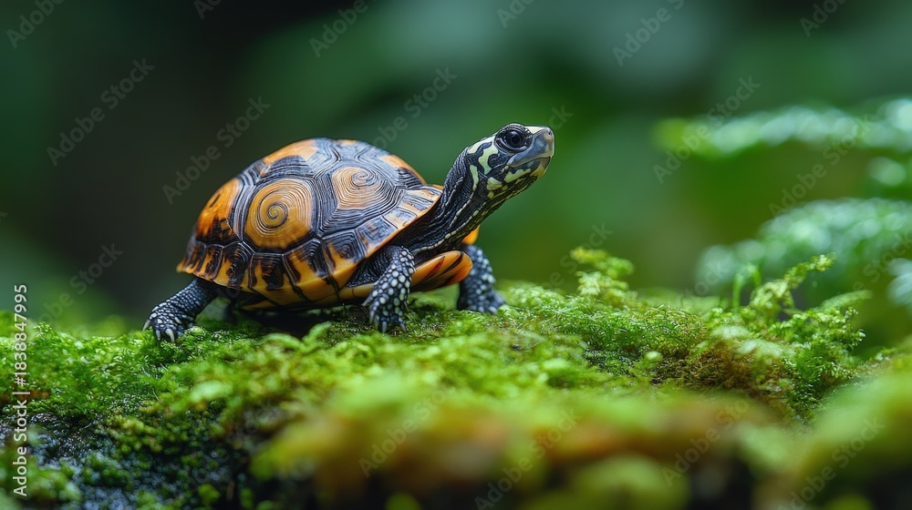 Obraz premium A striking orange and black patterned turtle sits on lush green moss, appearing ready to jump. Dynamic wildlife photography.