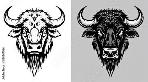 buffalo head with sharp horns and detailed fur on white background and gray background