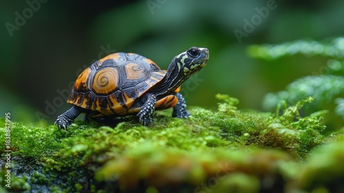A striking orange and black patterned turtle sits on lush green moss, appearing ready to jump. Dynamic wildlife photography.