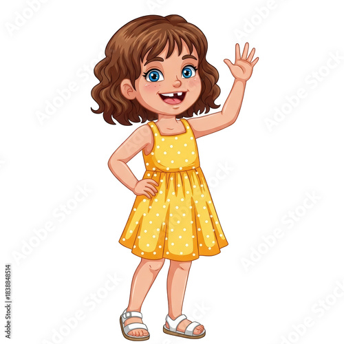 Cartoon little girl in yellow polka dot dress waving and smiling happily alone