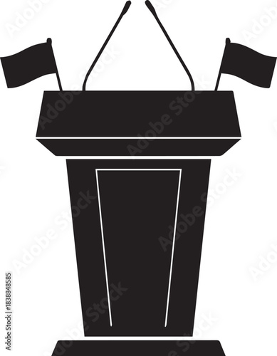 Black silhouette of a podium with flags and microphones