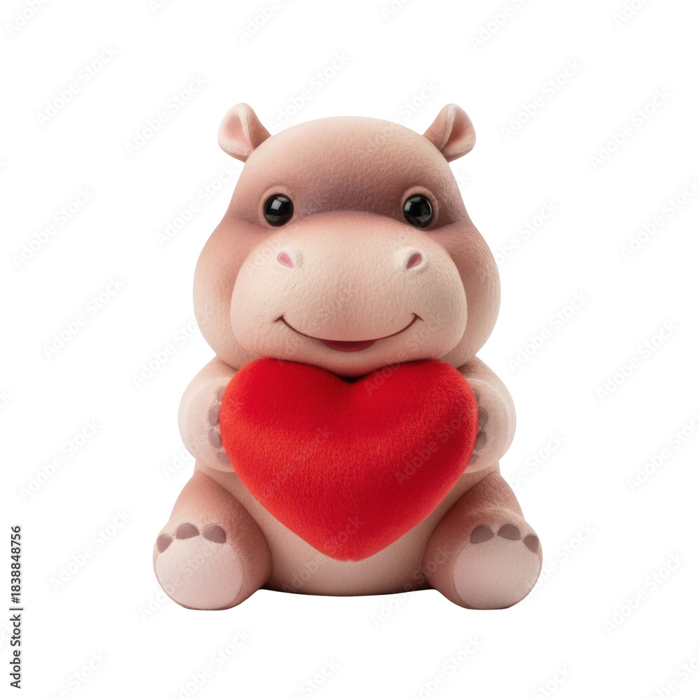 Fototapeta premium Cute Hippo Doll Holding Red Velvet Heart, cutout isolated on transparent background