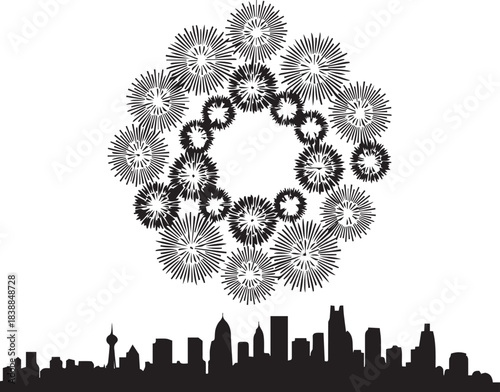 Intricate mandala design above city skyline silhouette black and white