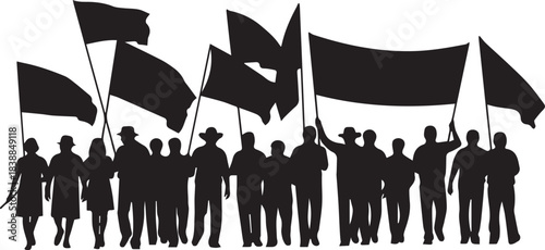 Silhouette of a crowd of people holding black flags and banners