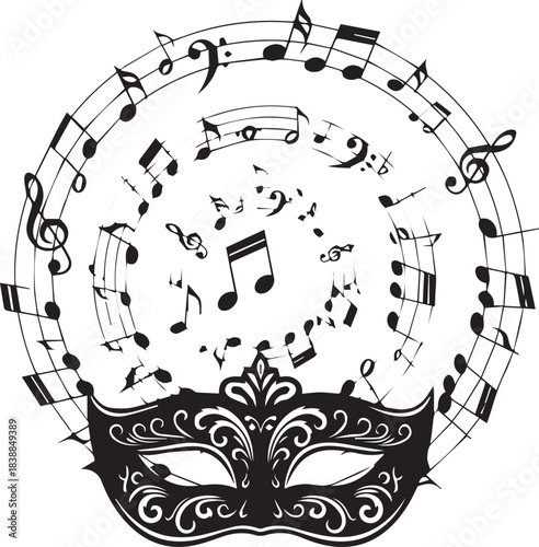 Ornate masquerade mask with swirling musical notes and staff