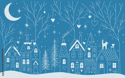 Christmas city street. Winter houses, Christmas tree, and park. Panorama of the town and lights in the windows against a backdrop of falling snow. Flat line illustration.