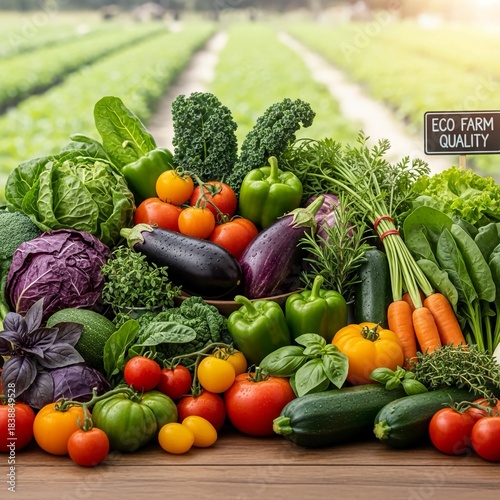 Abundant harvest of fresh, organic vegetables displayed outdoors with a farm field in the background.