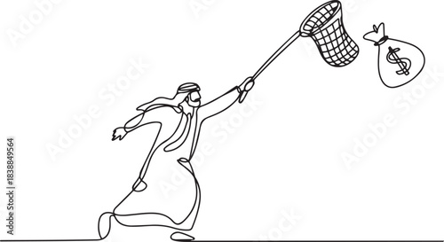 Single one line drawing Arabian businessman try to catching flying money bag with butterfly net. Failed to get annual bonus. Business metaphor. one line Icon drawing
