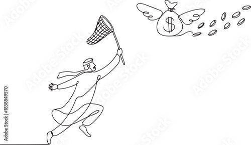 Single one line drawing Arabian businessman try to catching flying money bag with butterfly net. Failed to get annual bonus. Business metaphor. one line Icon drawing