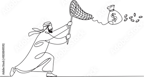 Single one line drawing Arabian businessman try to catching flying money bag with butterfly net. Failed to get annual bonus. Business metaphor. one line Icon drawing