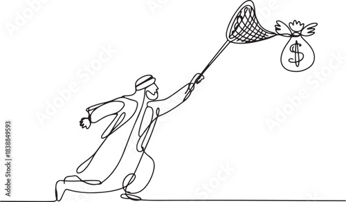 Single one line drawing Arabian businessman try to catching flying money bag with butterfly net. Failed to get annual bonus. Business metaphor. one line Icon drawing