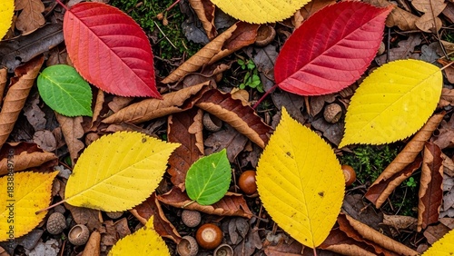 Vibrant autumn leaves and nuts scattered on forest floor, a beautiful natural tapestry of fall colors.