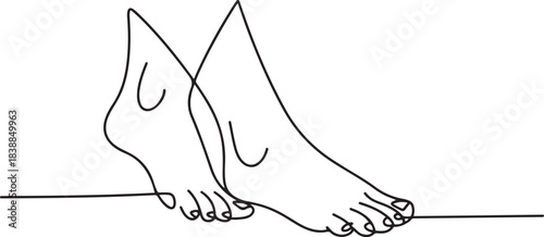 Barefooted feet line art style vector illustration. Lie on the bed. One line drawing isolated vector object. one line Icon drawing
