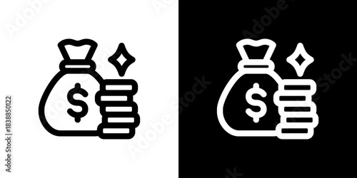マネーバッグと積み上げたコインのアイコン（ドル）