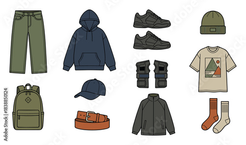 Arrangement of assorted apparel and accessories for urban adventures.