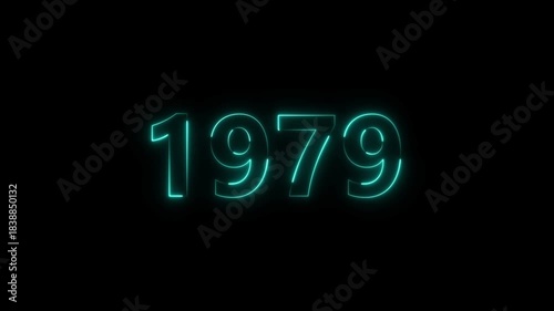 1979 Sal neon bright number cyan color animation. Clock icon 1979-year beautiful neon text concept on black background.
