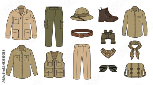 Collection of Safari Outfit Essentials: Clothing and Accessories Isolated