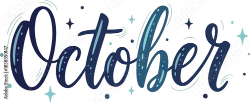 Elegant blue calligraphy script spelling out the month "October" with stars

