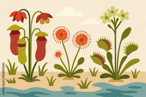 Carnivorous Wetland Plants Flat Vector Set