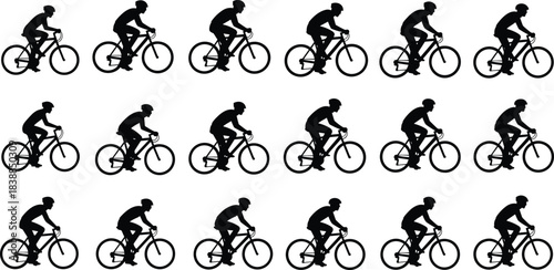Silhouette cyclists riding bicycles in motion, sporty bike illustration, healthy lifestyle exercise design, cycling activity icons, transportation vector art collection