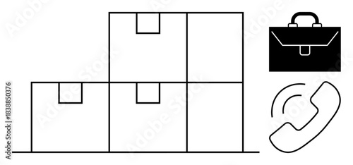 Logistics, delivery services, supply chain, business communication, storage, inventory management. Stacked boxes, a briefcase and a phone icon. Logistics and delivery services illustration style