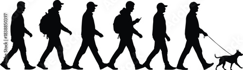 Silhouette evolution of man walking with backpack checking smartphone then walking dog, urban lifestyle activity concept, modern daily routine illustration