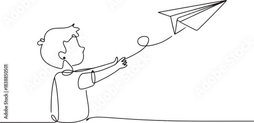 A boy prepares to fly his paper plane. Paper plane one-line drawing. one line Icon drawing