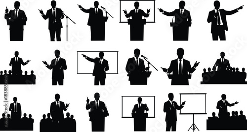 Silhouette illustration of business speakers giving presentations, public speaking, conference speech, teaching, leadership communication, audience interaction concept, professional meeting scene