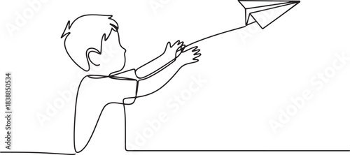 A boy prepares to fly his paper plane. Paper plane one-line drawing. one line Icon drawing