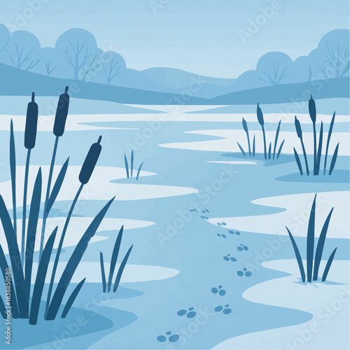 Frozen Reedbed Winter Wetland Flat Vector Landscape