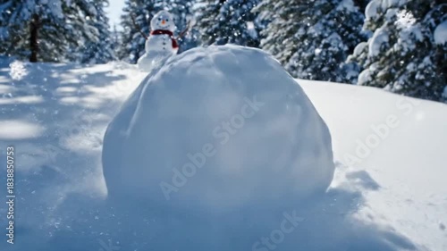 Snowball Rolling Down a Snowy Hill in Front of a Snowman
