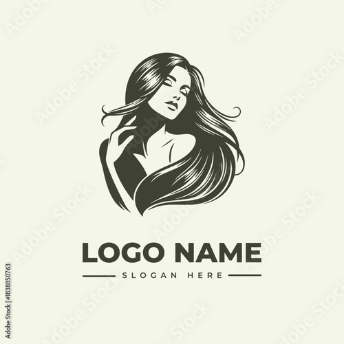 Elegant Woman Vector Logo Illustration with Flowing Hair in a Serene Engraving Style for Beauty Branding