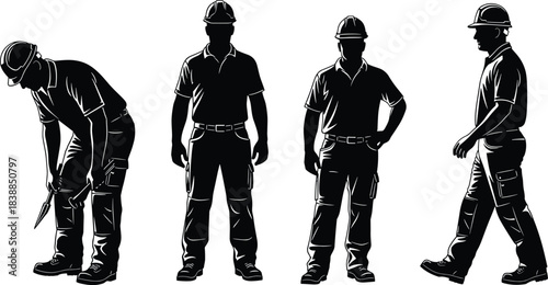 Silhouette of construction workers wearing safety helmets, industrial labor team at work on site, skilled workforce, building industry safety illustration