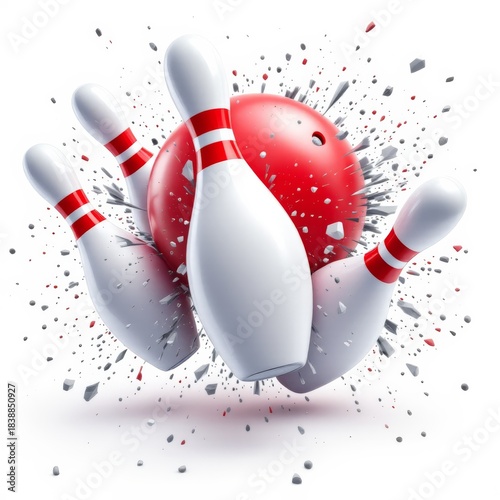 Bowling ball striking pins with explosive debris on white background