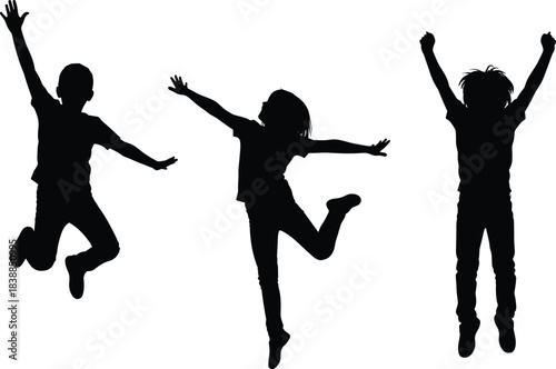 Silhouette of happy children jumping with joy, playful kids celebrating freedom, fun childhood activity, energetic movement, youthful excitement, positive lifestyle expression