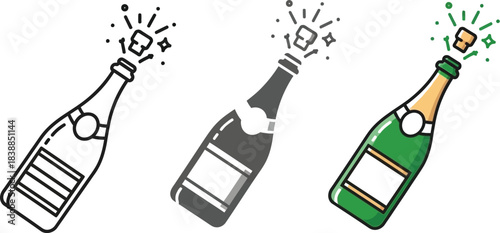 Three styles of popping champagne bottle icons celebrating success and joy