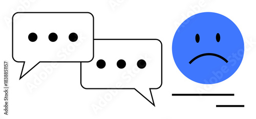 Online bullying, digital negativity, communication barriers, emotional distress, social interactions, psychological impact. Two speech bubbles and a sad blue face emotion. Online bullying