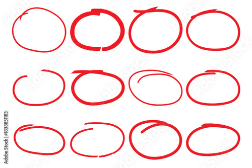Highlight hand drawn oval frame line set. Brush stroke circle underscore set. Doodle style ovals and ellipses line template. Vector illustration oval isolated on white background.