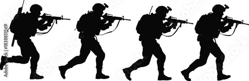 Silhouette soldiers with rifles in tactical combat poses, military team formation, armed forces action, battle readiness, warfare operation concept illustration