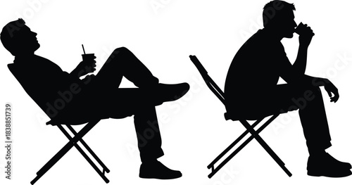 Silhouette vector illustration of two men sitting on chairs relaxing and thinking, drink in hand, casual lifestyle concept, modern character design