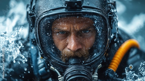 A man wearing a diver's suit, covered in water droplets, suggesting an underwater experience or a moment of immersion.